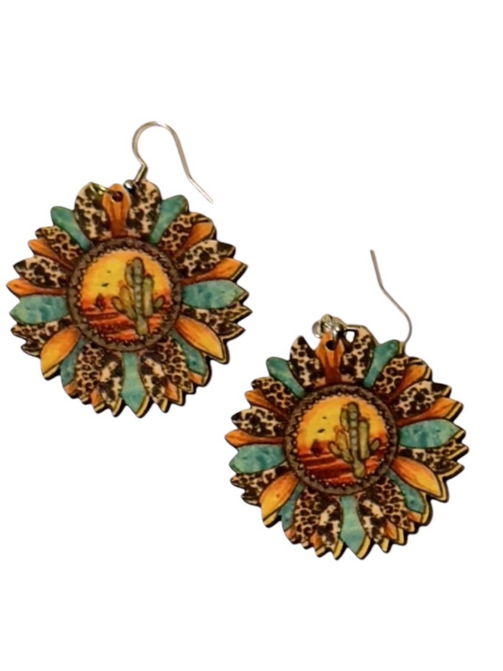 UNBRANDED Colorful Wooden Sunflower Cactus Print Desert SOUTHWEST Earrings